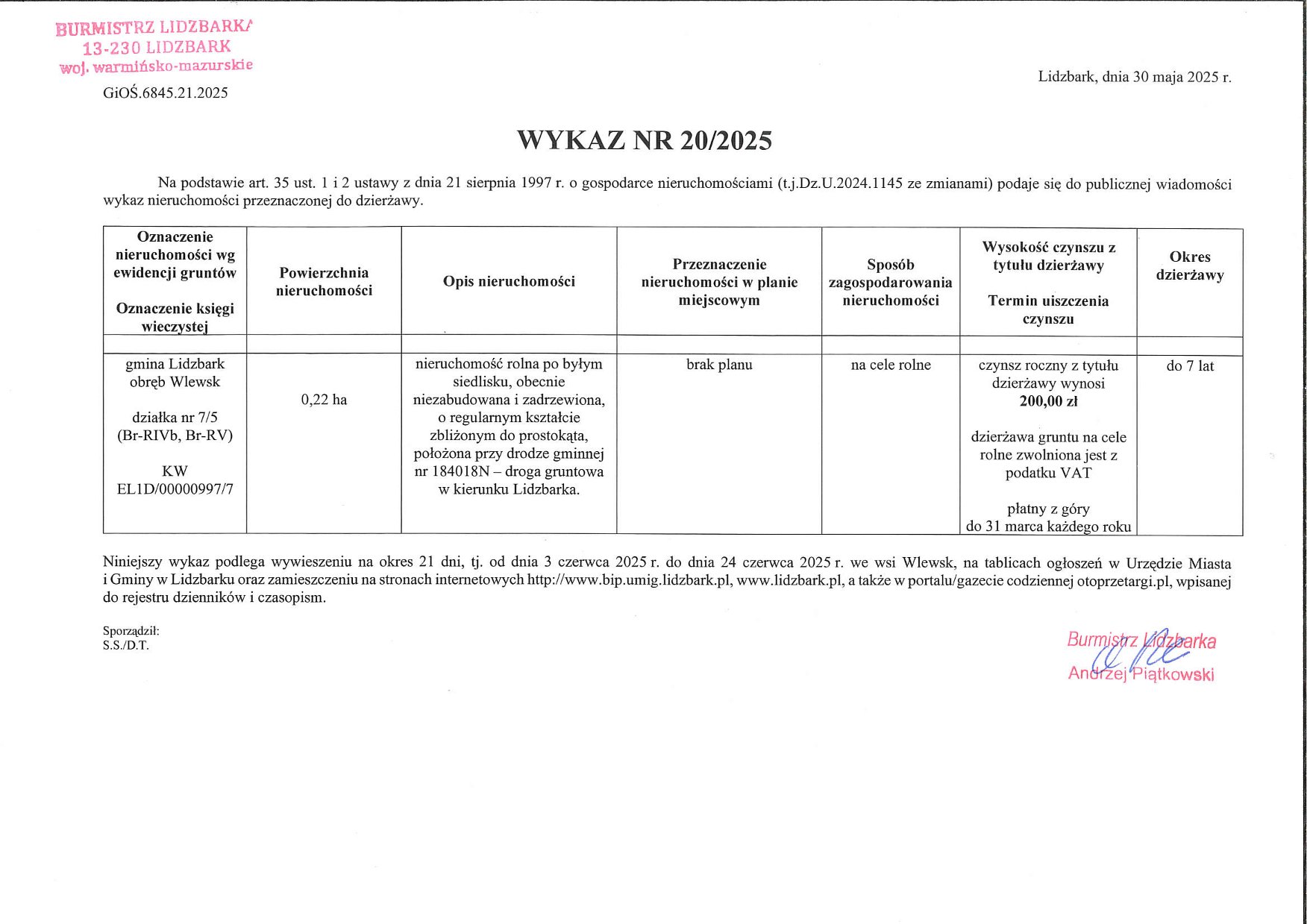 Wykaz Nr 20/2025 - Nieruchomość gruntowa do dzierżawy - obr. Wlewsk dz. nr 7/5